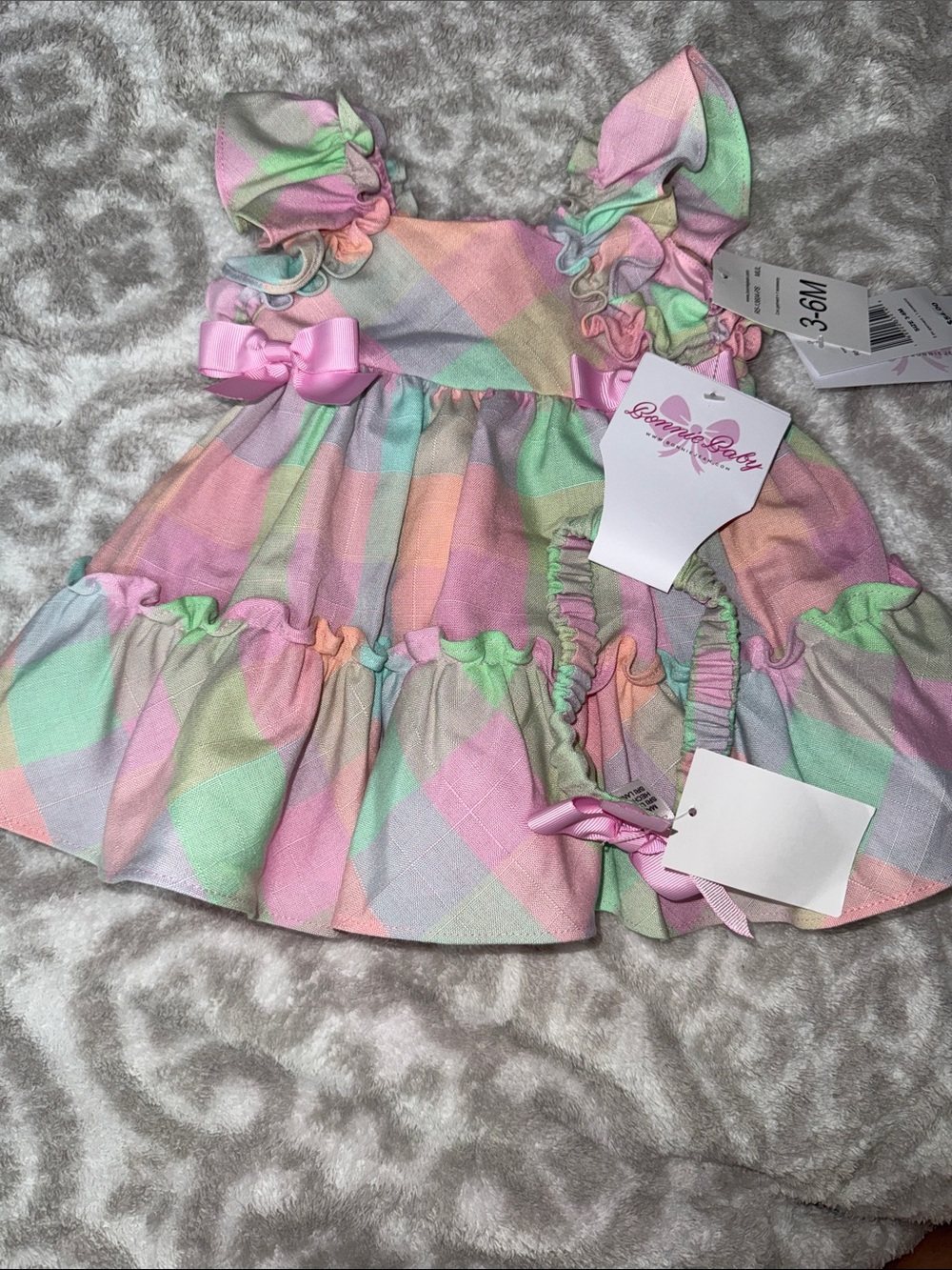 Bonnie Baby Pastel Plaid Dress with Pink Bow